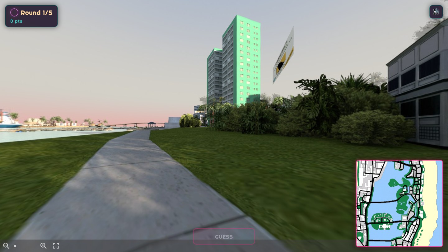 The game: a rendered street on the left, the guess map in the corner.